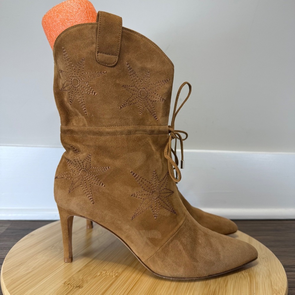 Chloe Gosselin Boot Women 37.5 Tan Suede Star Embroidered Tie Heel Italy  Boho